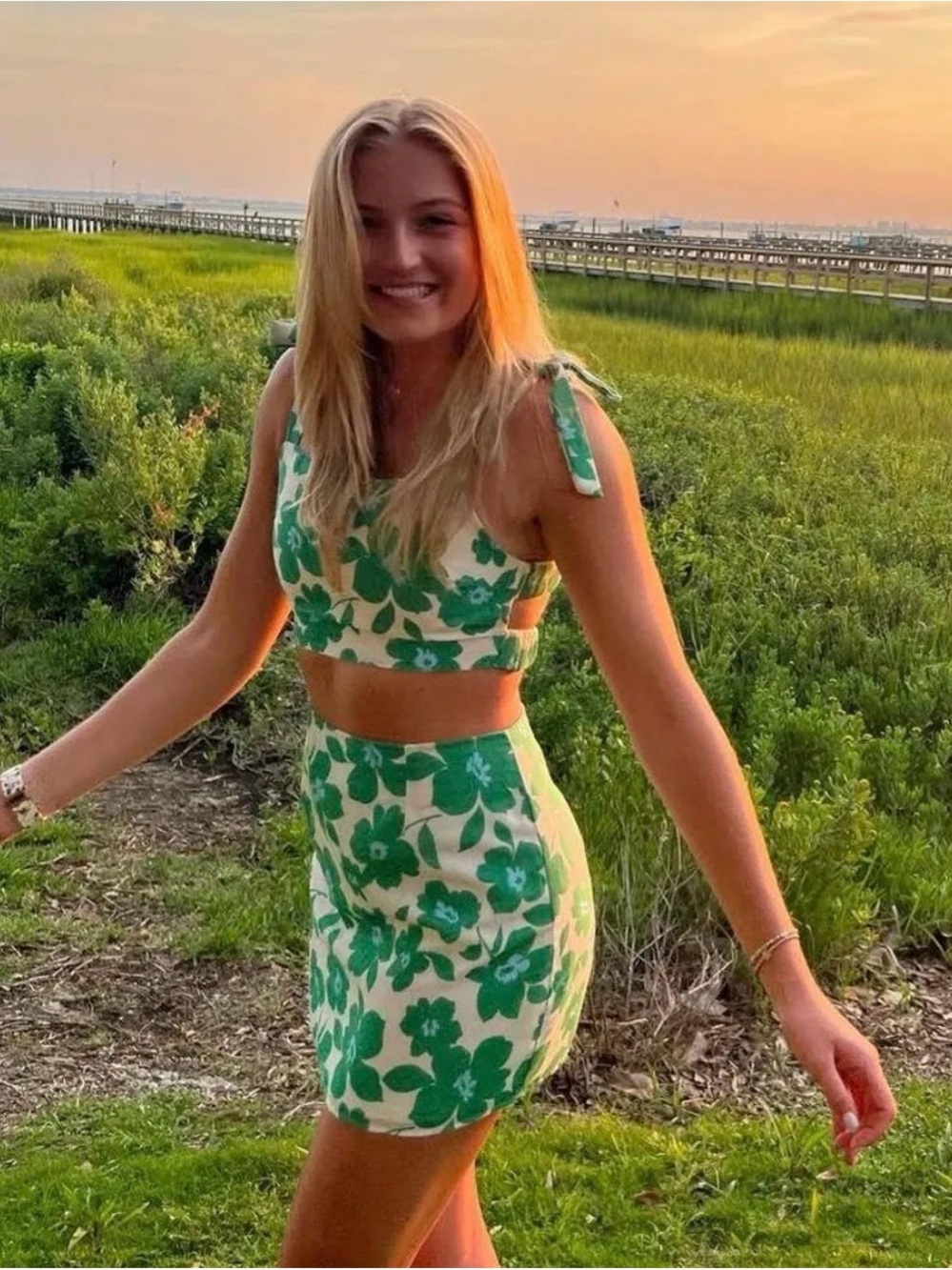 Green Floral Tie-Shoulder Mini Skirt Set